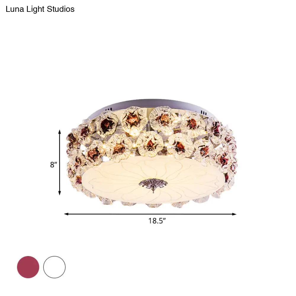 Purple/White Led Flush Light Ceiling Lamp With Crystal Flower Accents