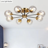 Radial Flush Mount Black And Brass Ceiling Light With Glass Ball Shade