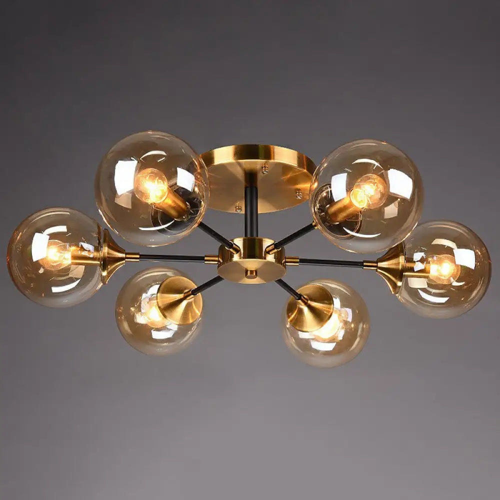 Radial Flush Mount Black And Brass Ceiling Light With Glass Ball Shade 6 / Amber