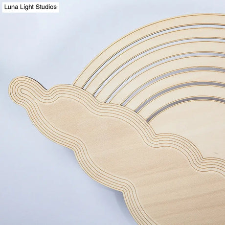 Rainbow & Cloud Led Wood Wall Light - Adorable Cartoon Sconce For Kindergarten Bedroom In Beige