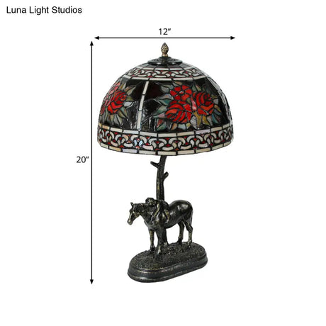 Rastaban - Vintage Stained Glass Bronze Desk Lamp Bowl 1-Bulb Night Table Light With Boy On Horse