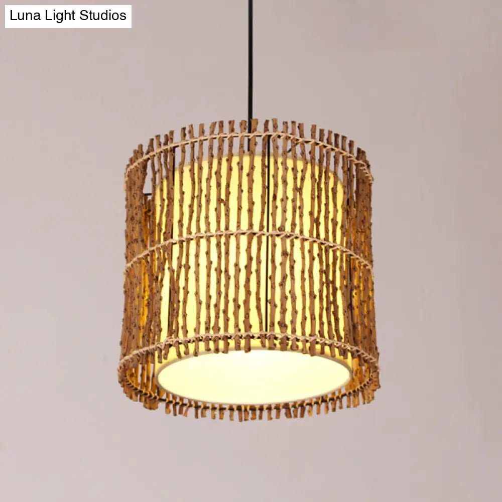 Rattan Cylinder Ceiling Light With Khaki Shade - Asian Pendant Lighting Fixture