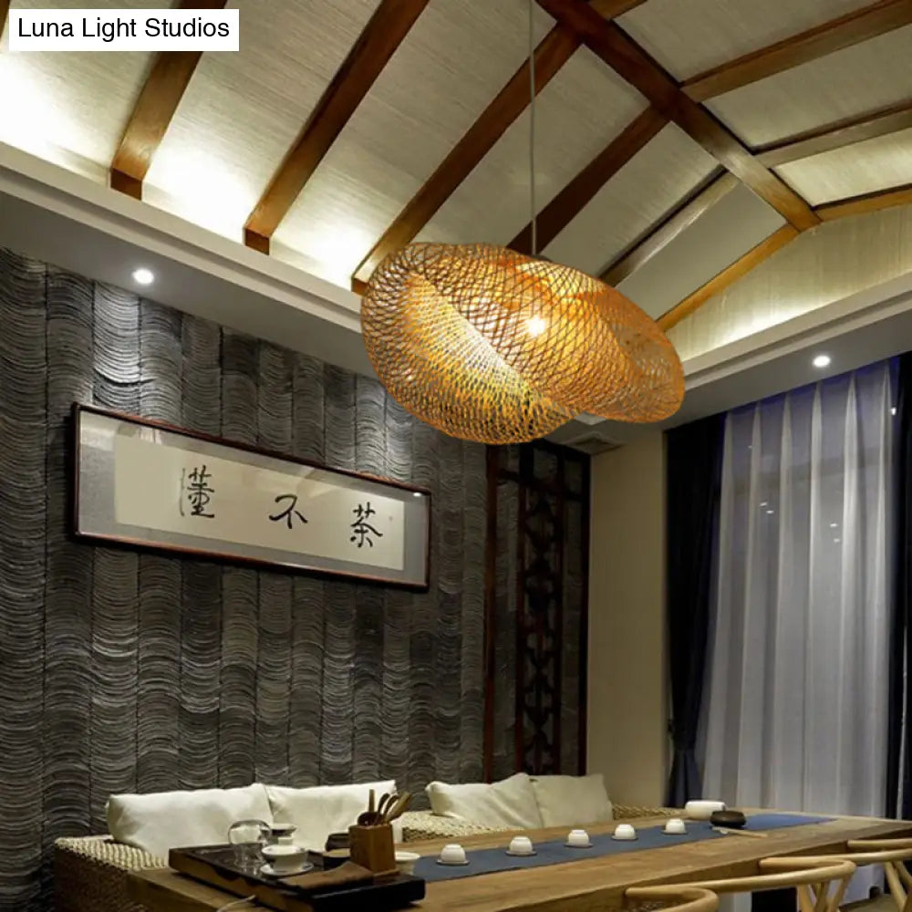 Rattan Hanging Pendant Lamp - Asian Style Hat Shape 1-Light Ceiling Fixture For Dining Table