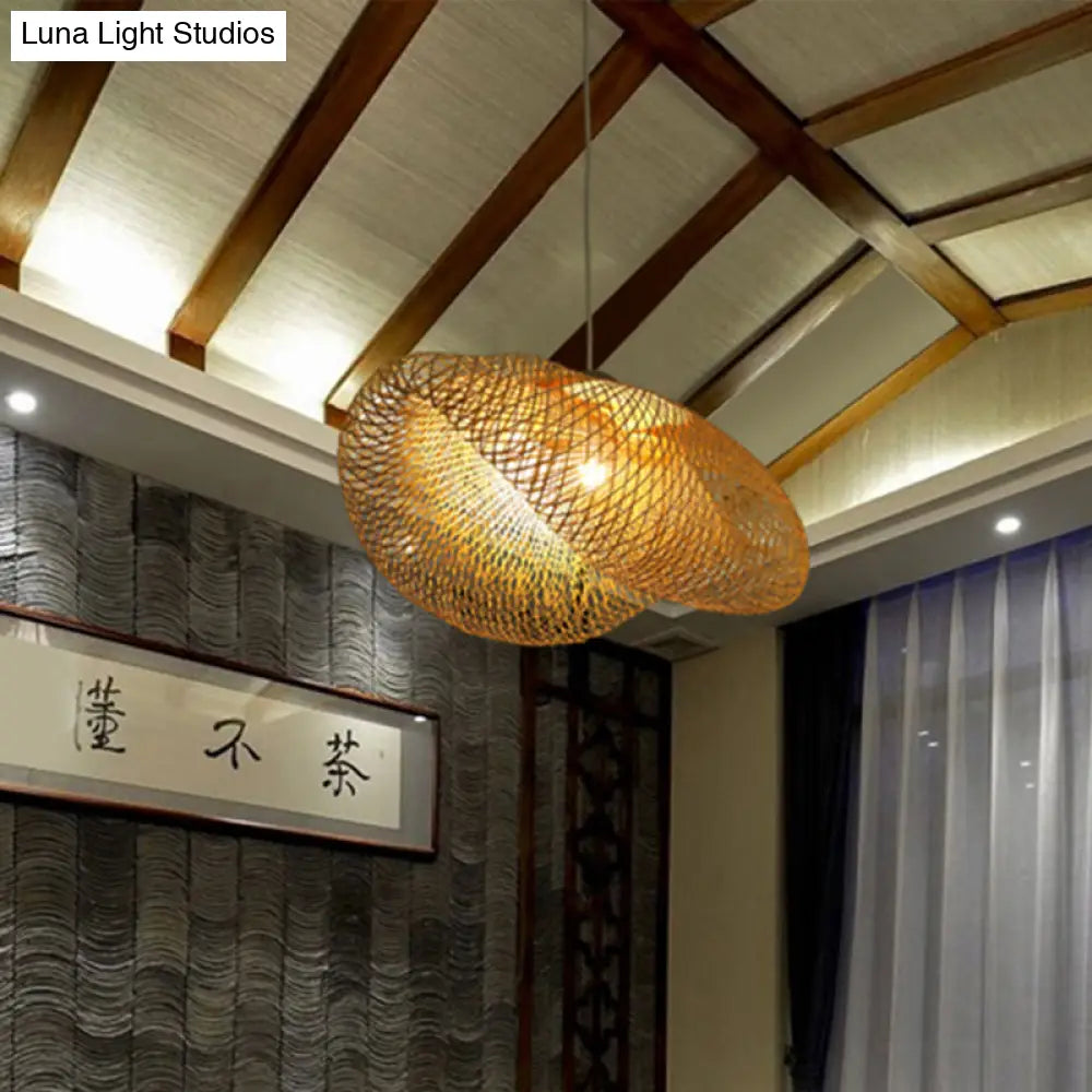 Rattan Hanging Pendant Lamp - Asian Style Hat Shape 1-Light Ceiling Fixture For Dining Table