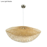 Rattan Hanging Pendant Lamp - Asian Style Hat Shape 1-Light Ceiling Fixture For Dining Table