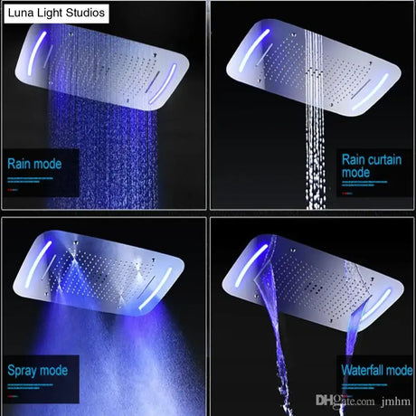 Recessed Ceiling Waterfall Shower Set High Flow LED Rain Mist Shower facuets Kits Batrhroom 5 Functions Mixing Valve