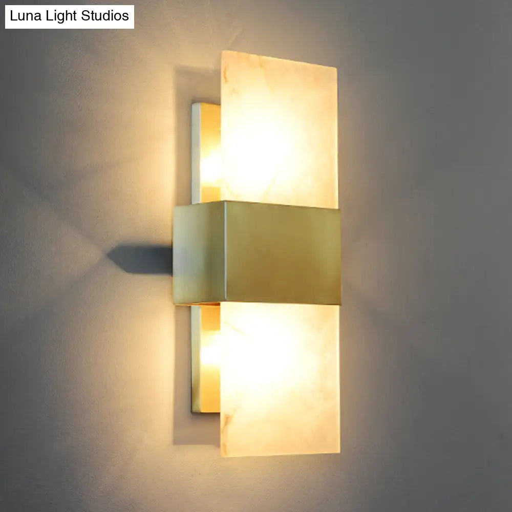 Rectangular Flush Mount Gold Marble Wall Sconce Lighting - Set Of 2 Bulbs Ideal For Living Room