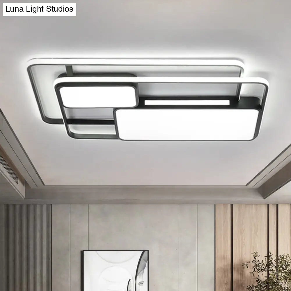 Rectangular Led Flush Ceiling Light In White/Black With Modernist Metallic Finish - White/Warm