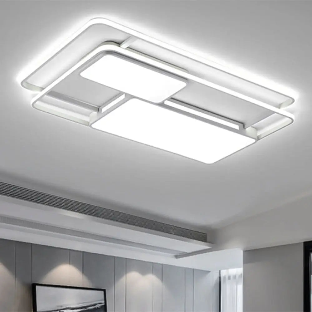 Rectangular Led Flush Ceiling Light In White/Black With Modernist Metallic Finish - White/Warm