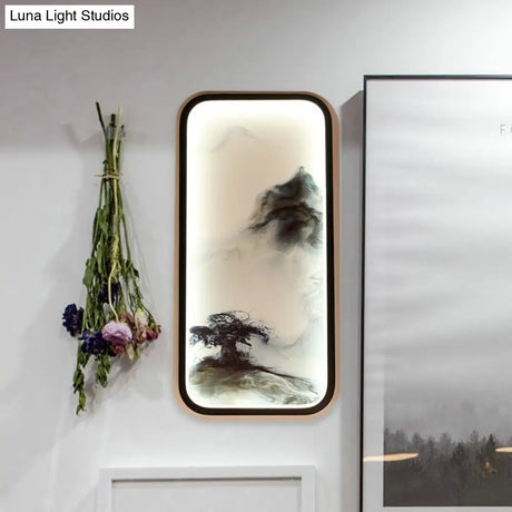 Rectangular Mountain Wall Mount Led Light - Oriental Metallic Black Lamp For Living Room