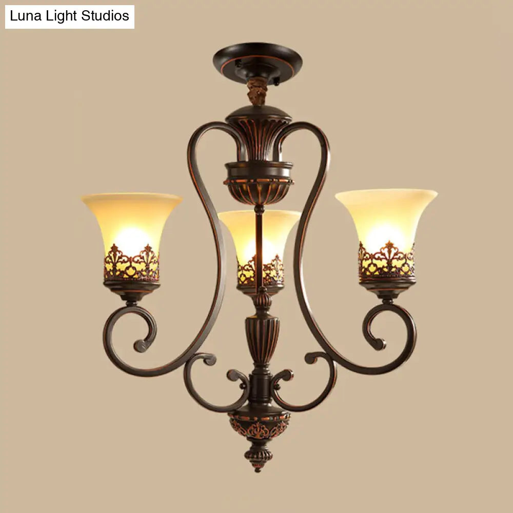 Red-Black Flared Shade Ceiling Lighting - Traditional Frosted Glass Chandelier For Living Room