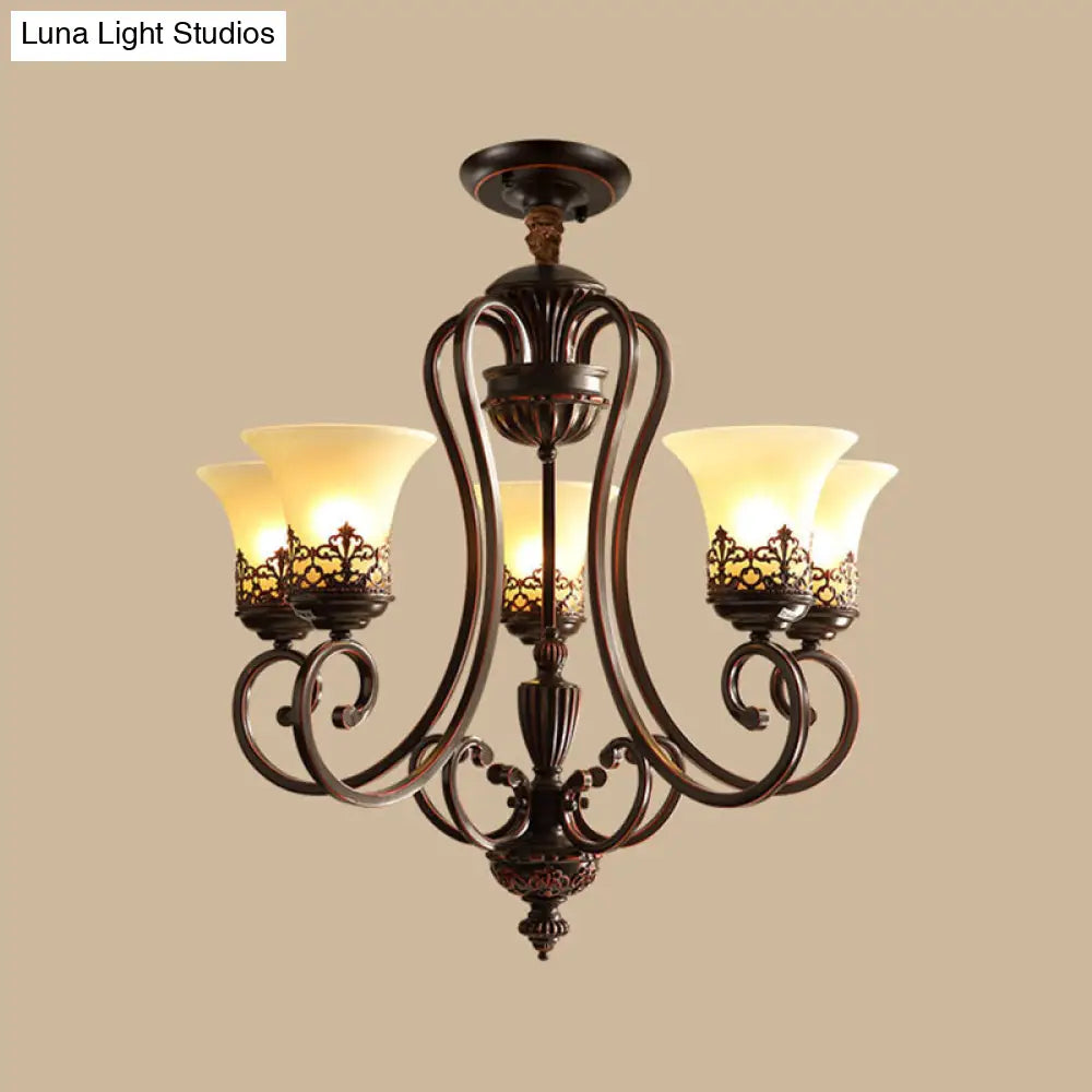 Red-Black Flared Shade Ceiling Lighting - Traditional Frosted Glass Chandelier For Living Room
