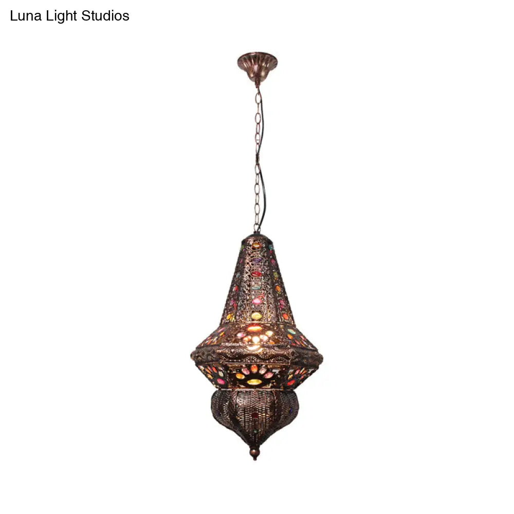 Red/Bronze Pendant Lantern Light - Traditional Metal Hanging Fixture For Restaurants
