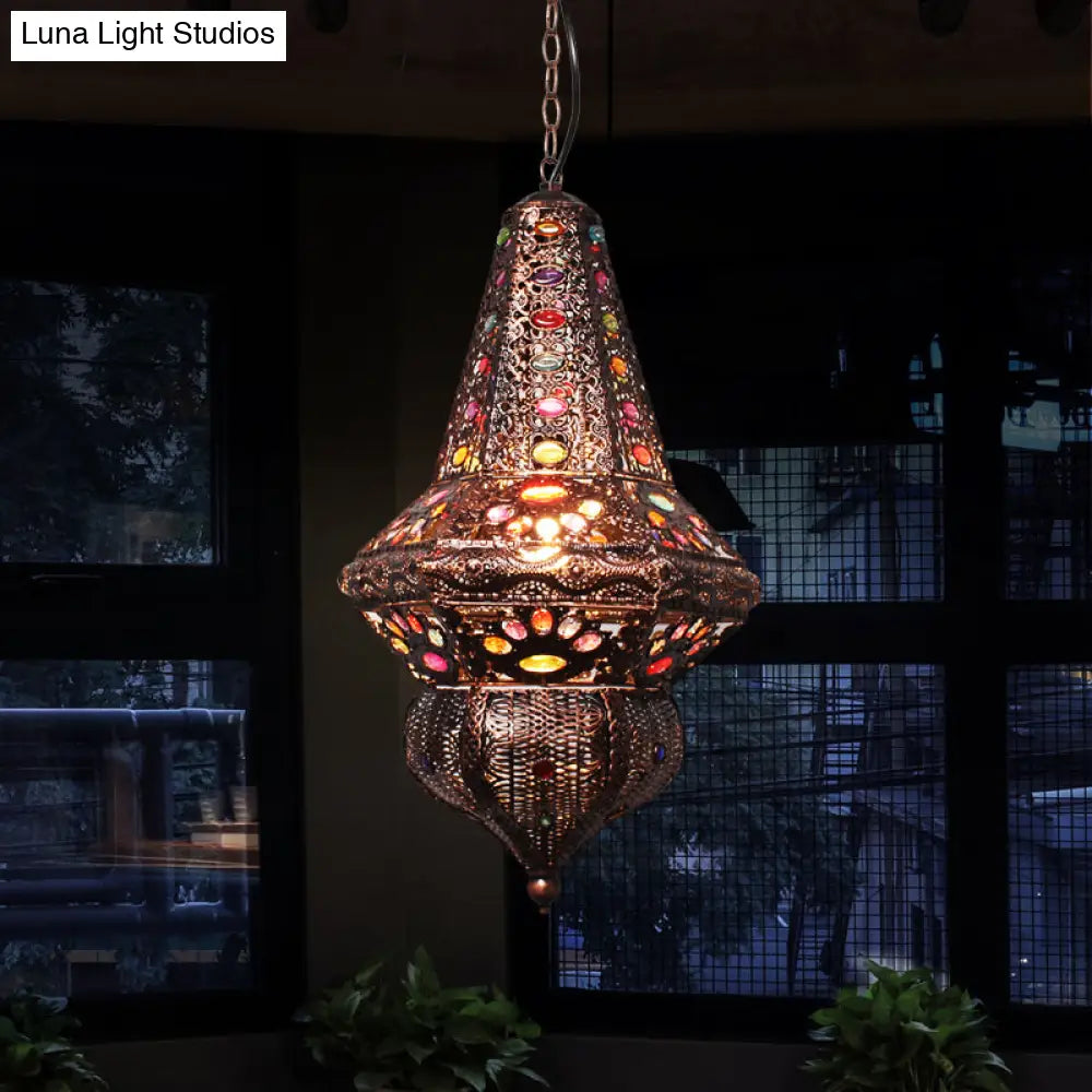 Red/Bronze Pendant Lantern Light - Traditional Metal Hanging Fixture For Restaurants