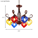 Red Brown Pine Chandelier Lamp - Antique 6-Head Colorful Glass Pendant Light