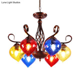 Red Brown Pine Chandelier Lamp - Antique 6-Head Colorful Glass Pendant Light