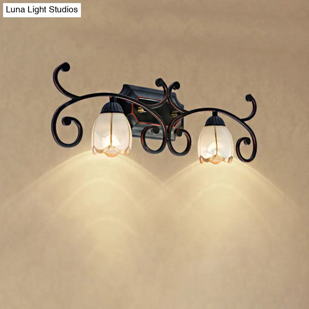 Red Brown Sconce Light - Classic Frosted Glass Flower Shape Vanity Lighting Fixture 1/2/3 Lights