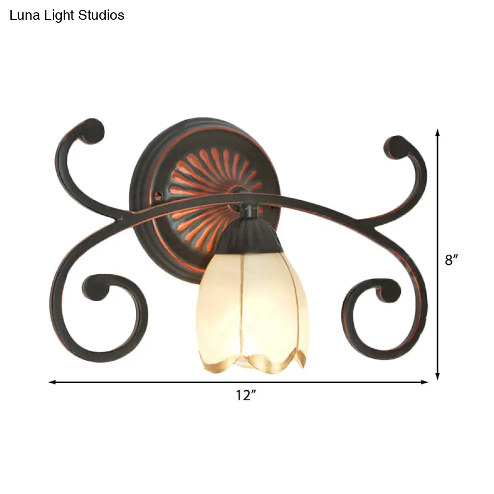 Red Brown Sconce Light - Classic Frosted Glass Flower Shape Vanity Lighting Fixture 1/2/3 Lights