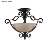 Red Brown Scroll Ceiling Lamp - Rustic Metal 3-Head Semi Mount Lighting With Frosted Glass Shade