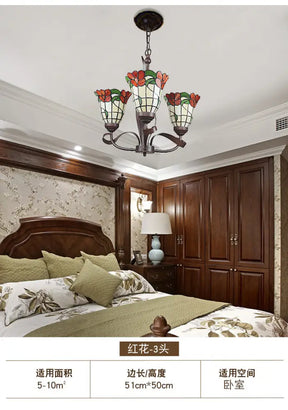 Red Glass Chandelier Pendant Light - Kitchen Ceiling Lamp With Blossom Design (3/5 Lights)