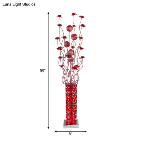 Red Led Flower Décor Floor Lamp - Metal Cuboid Standing Light With Crystal Embellishments