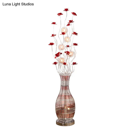 Red Led Tree Floor Lamp With Vase Pedestal - Elegant Aluminum Decorative Reading Light