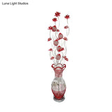 Red Led Vase Floor Lamp With Flower Design - Stylish Metallic Standing Light