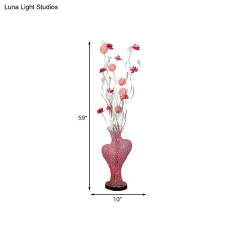 Red Metal Floret Standing Lamp: Led Decorative Floor Light With Crystal Encrusted Detail
