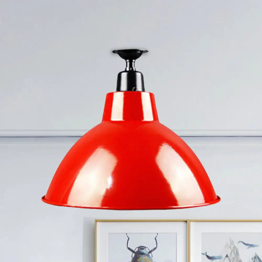 Red Metallic Ceiling Light Fixture - Vintage Dome Semi Flush Mount Ideal For Restaurants