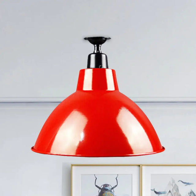 Red Metallic Ceiling Light Fixture - Vintage Dome Semi Flush Mount Ideal For Restaurants