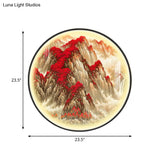 Red Oriental Style Led Wall Lamp With Mountain Pattern Metallic Mural Light For Guest Room