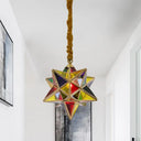 Red Stained Glass Star Pendant Light For Traditional Dining Room