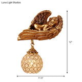 Resin 1-Head Dark Gold Wall Mounted Lamp With Globe Faceted Crystal Shade - Sleeping Angel Hallway