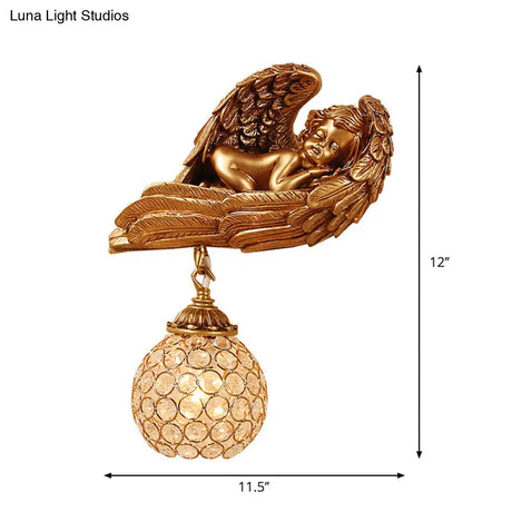 Resin 1-Head Dark Gold Wall Mounted Lamp With Globe Faceted Crystal Shade - Sleeping Angel Hallway