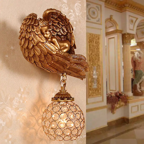 Resin 1-Head Dark Gold Wall Mounted Lamp With Globe Faceted Crystal Shade - Sleeping Angel Hallway