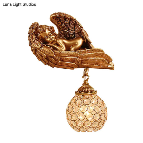 Resin 1-Head Dark Gold Wall Mounted Lamp With Globe Faceted Crystal Shade - Sleeping Angel Hallway