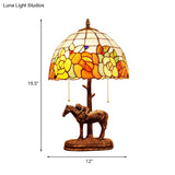 Resin Dark Brown Pull-Chain Night Lamp - Tiffany Table Light With Kid Sleeping On Horseback 2 Bulbs