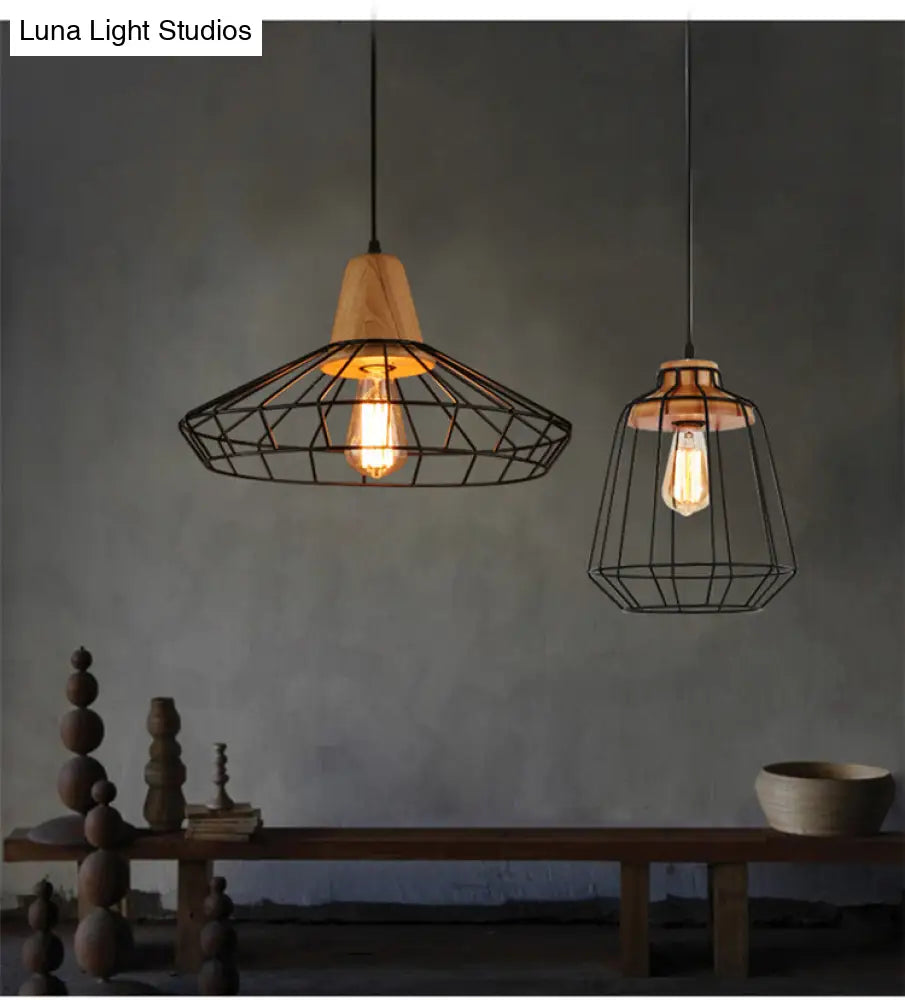 Restaurant Wire Cage Pendant Light: Black Metal Industrial Retro Hanging Lamp