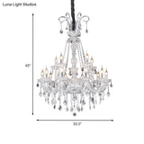 Retro 15-Bulb Clear Glass Candelabra Chandelier With Crystal Drop - Living Room Suspension Light