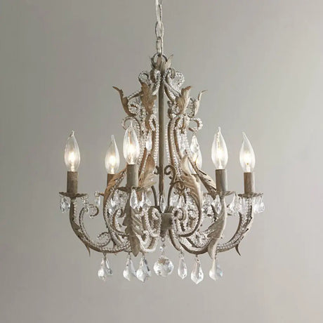 Retro 6-Head Pendant Chandelier With Crystal Beaded Arms - Metallic Candelabra Light For Living Room