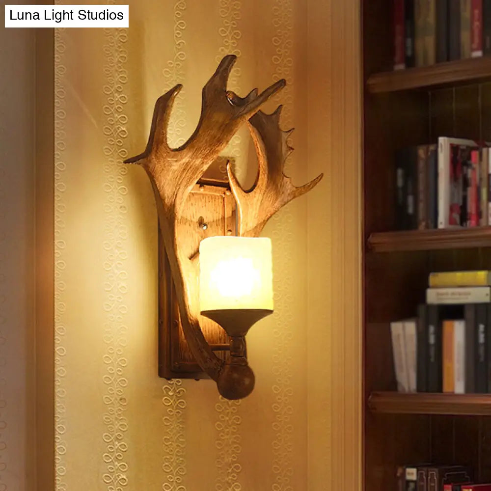 Retro Antler Resin Wall Mount Light With Frosted Glass Shade - 1-Light Brown Finish Ideal For Study