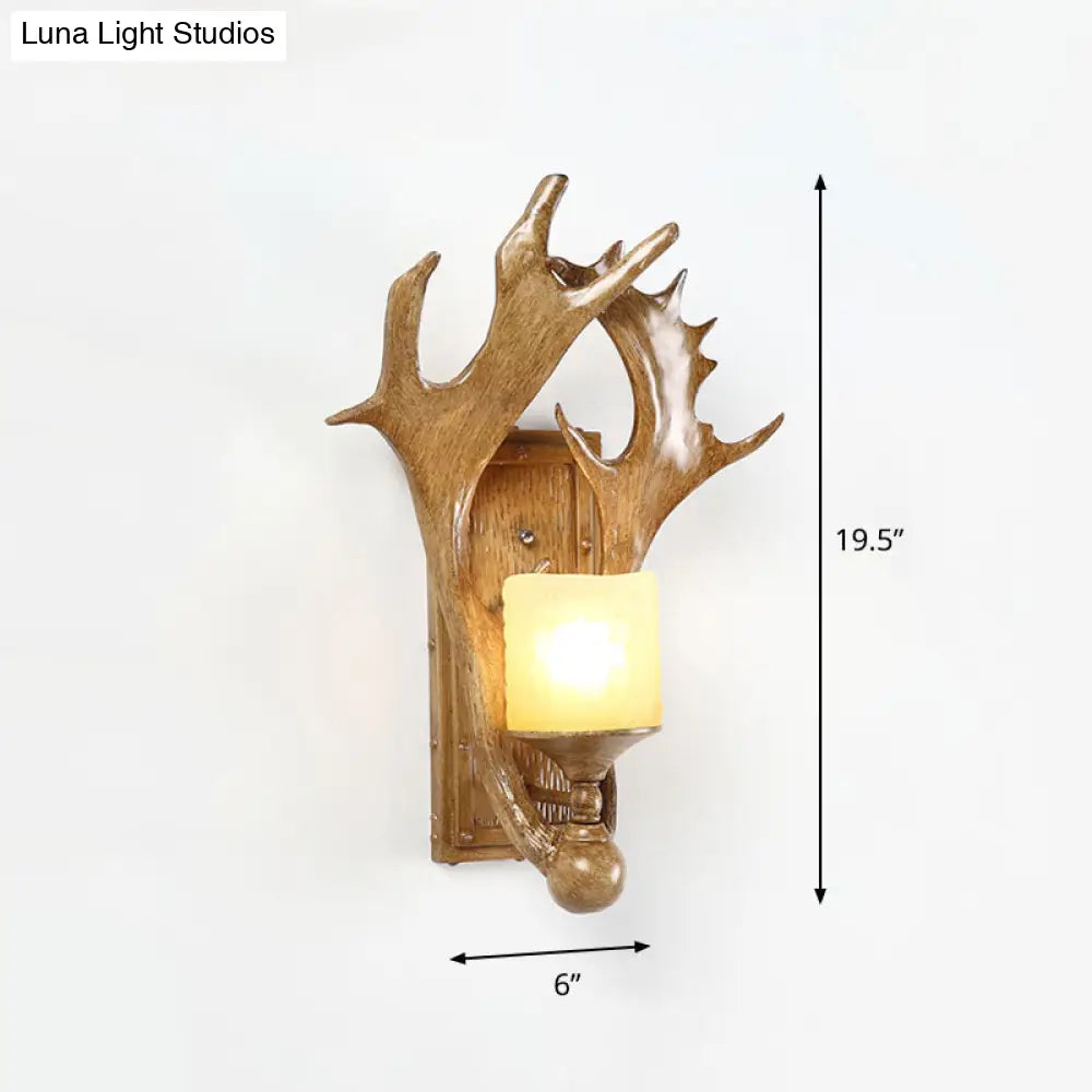 Retro Antler Resin Wall Mount Light With Frosted Glass Shade - 1-Light Brown Finish Ideal For Study