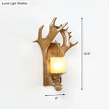 Retro Antler Resin Wall Mount Light With Frosted Glass Shade - 1-Light Brown Finish Ideal For Study