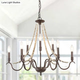 Retro Beaded Wood Chandelier With Metallic Candle - 9-Light Suspension Light In Rust