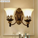 Retro Black Bell Wall Light With White Glass Shade For Living Room - 1/2 Fixture