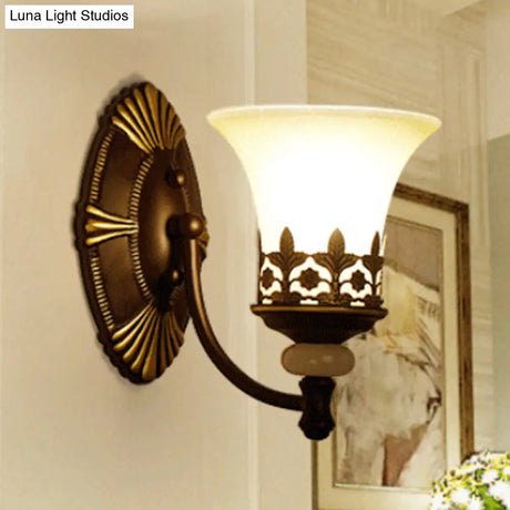 Retro Black Bell Wall Light With White Glass Shade For Living Room - 1/2 Fixture