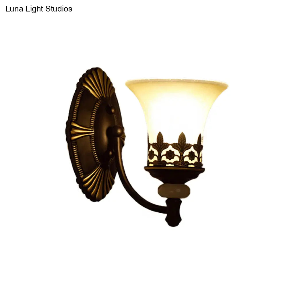 Retro Black Bell Wall Light With White Glass Shade For Living Room - 1/2 Fixture