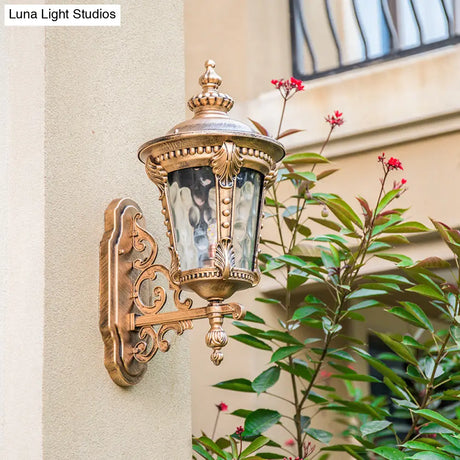 Retro Black/Brass Tapered Sconce Light With Dimpled Glass - Wall Mounted Patio Lamp (1 Head
