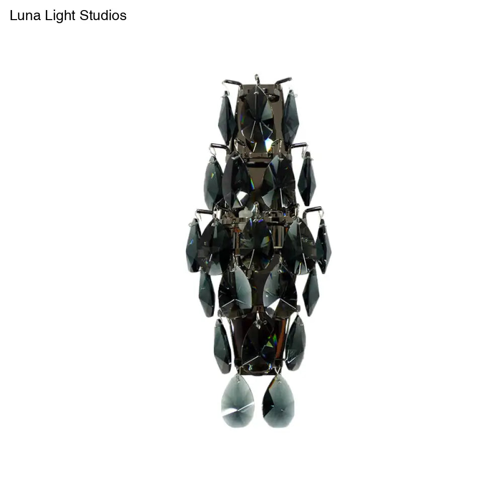 Retro Black Crystal Gem Wall Sconce With 2-Bulb Fixture For Living Room Lighting