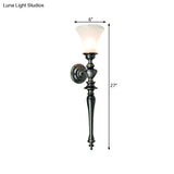 Retro Black Flared Wall Sconce: Cream Glass Linear Metal Arm - Perfect For Living Room